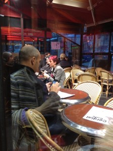 This is the non-tortiflette brasserie. You can't see it well but the burgundy-haired girl has a burgundy fur hat in her purse. 