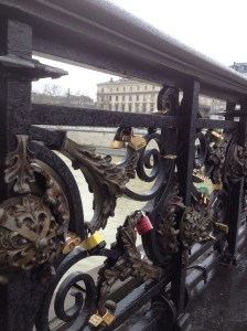 Lovers locks on a bridge over the Seine. 