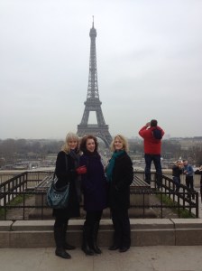 Barb, Joan, and Marsha at the Eiffel Tower.
