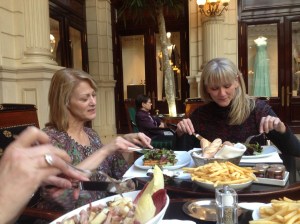 Marsha and Barb with all our food at Cafe de la Paix. I failed to get a picture of the to-die-for hot chocolate. 